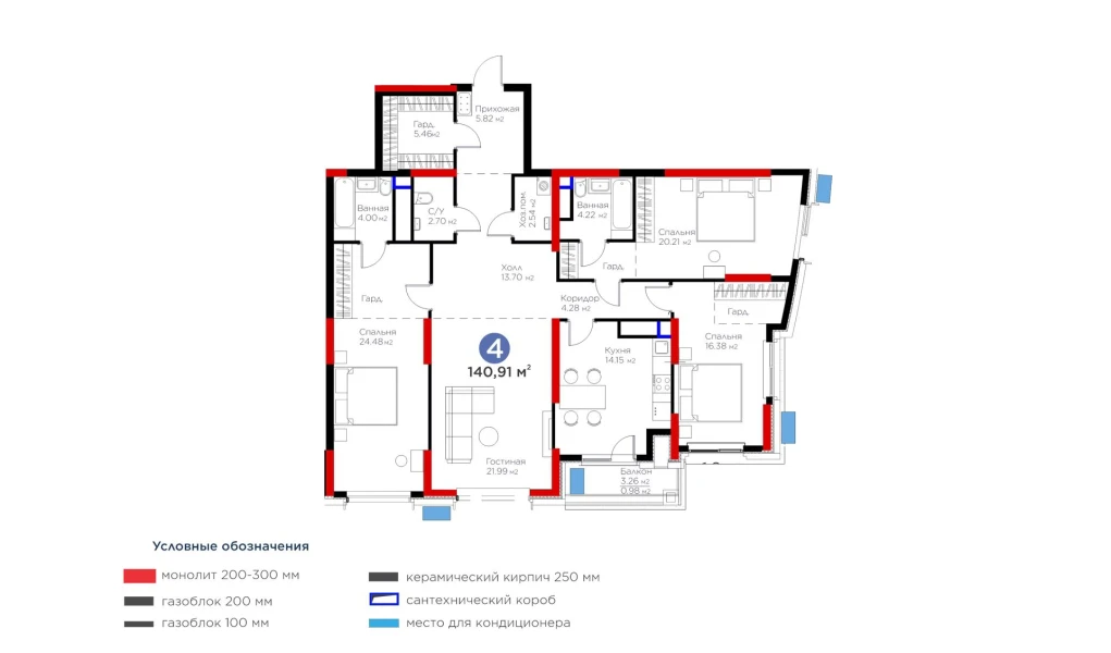 4-комнатная квартира 140.91 м²  13/13 этаж