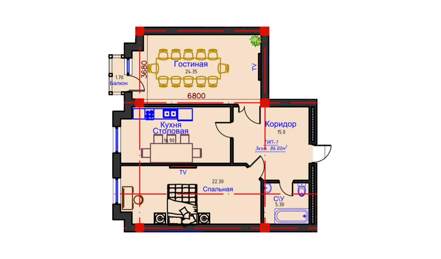 3-комнатная квартира 86 м²  8/8 этаж