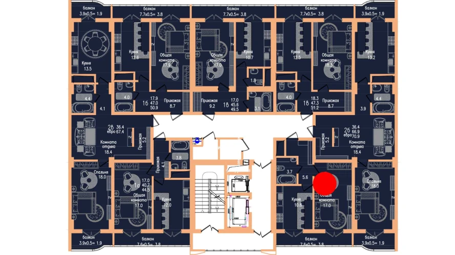 1-комнатная квартира 40.9 м²  4/4 этаж