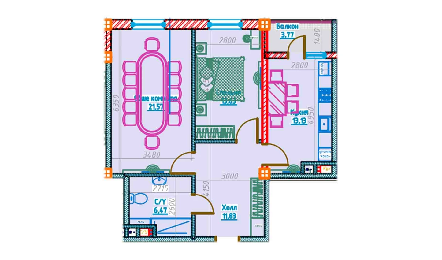 2-комнатная квартира 66.54 м²  3/3 этаж