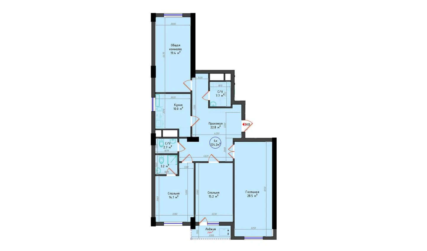 4-комнатная квартира 124.2 м²  9/9 этаж