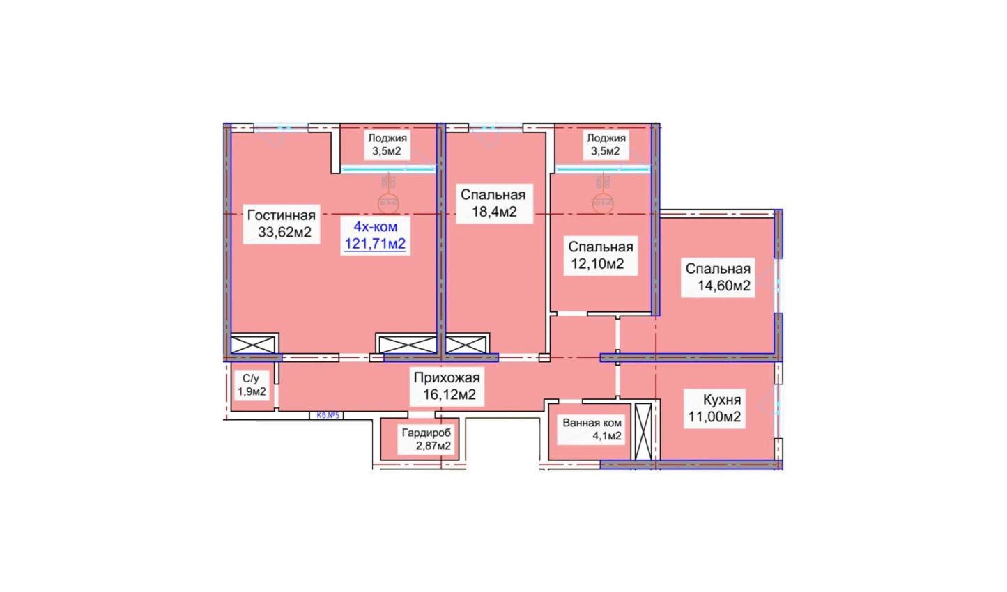 4-комнатная квартира 121.71 м²  3/3 этаж