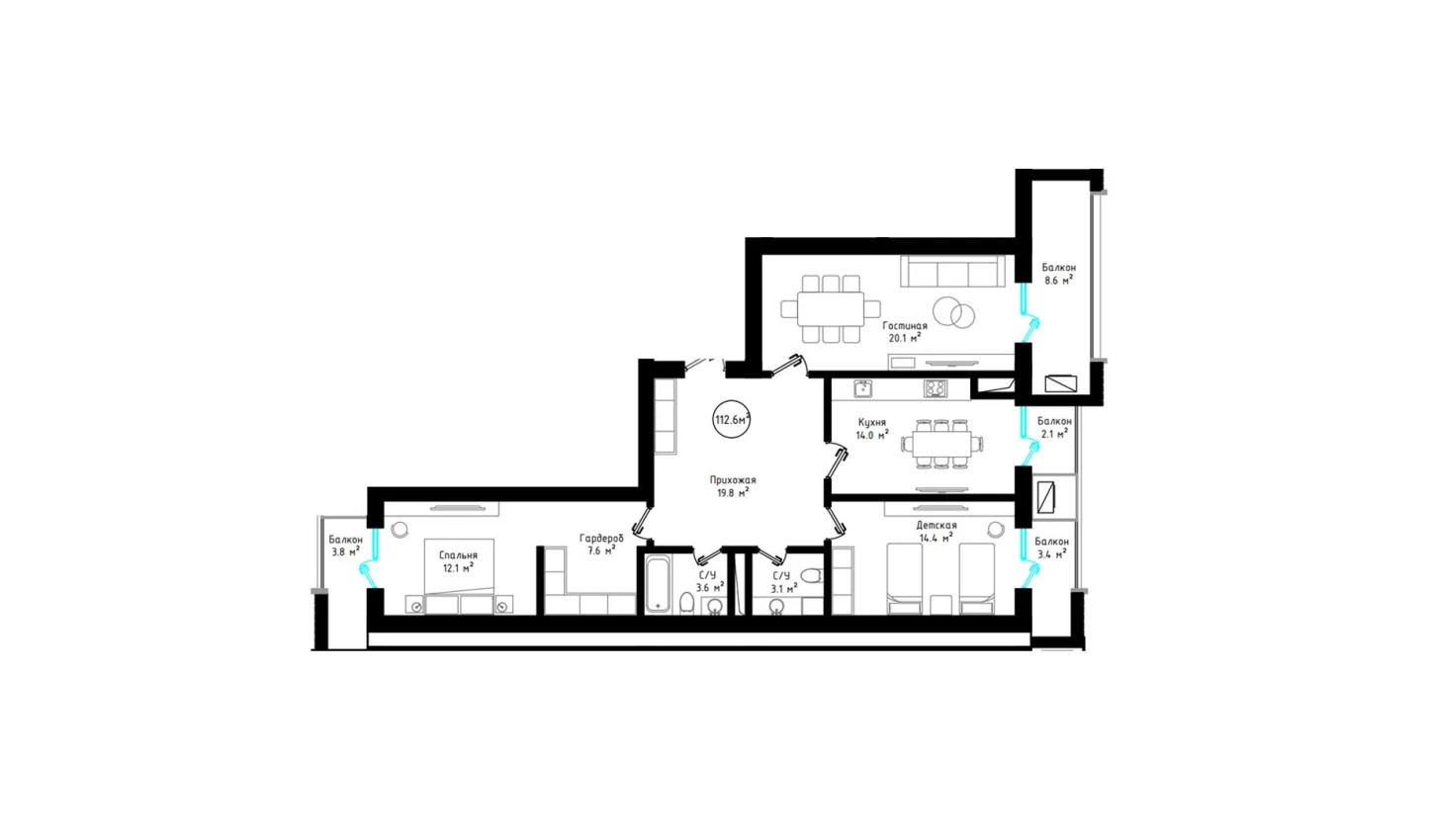 3-xonali xonadon 112.6 m²  3/3 qavat