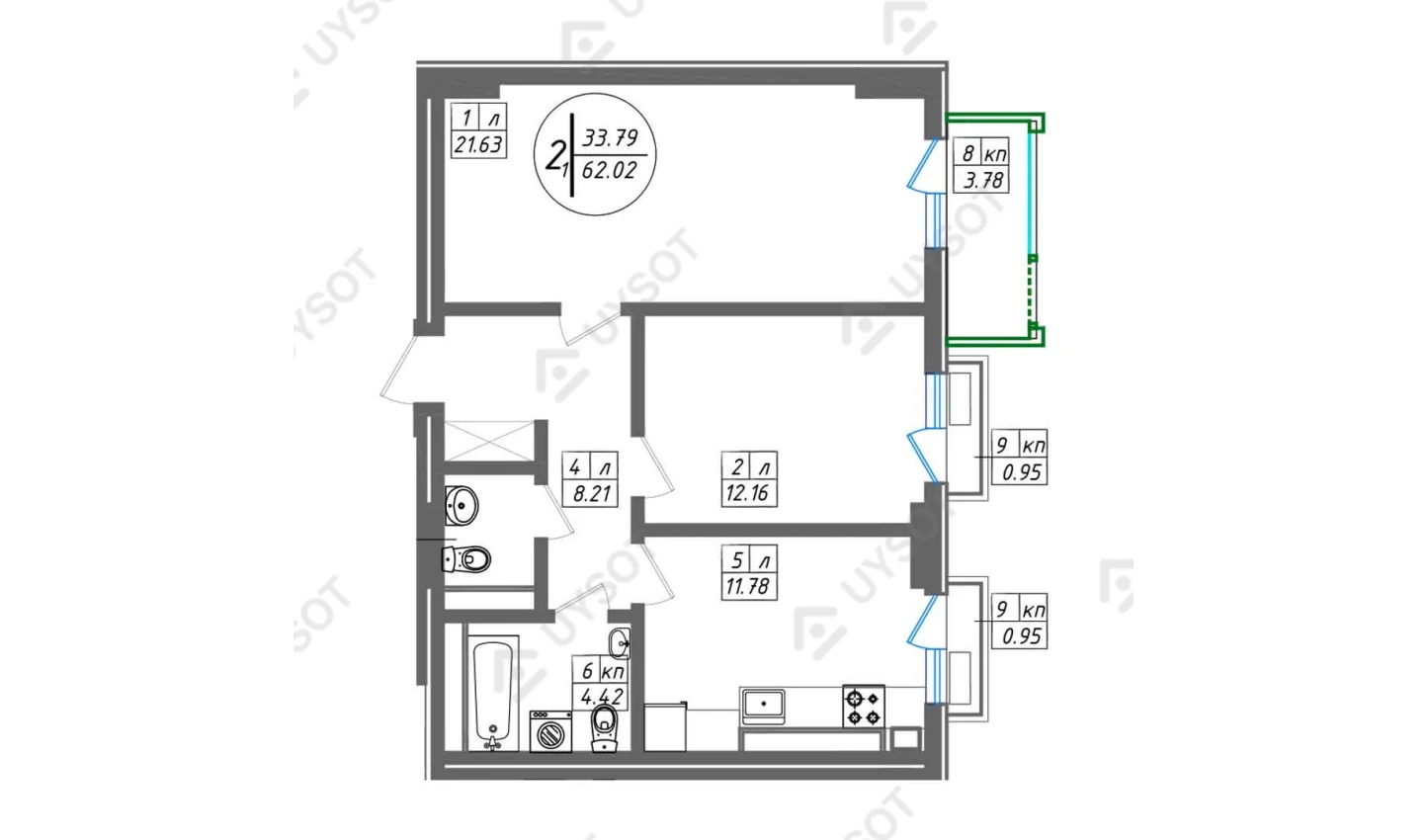 2-комнатная квартира 62.02 м²  8/8 этаж