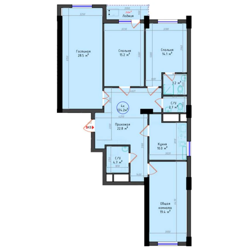 4-комнатная квартира 124.2 м²  14/14 этаж