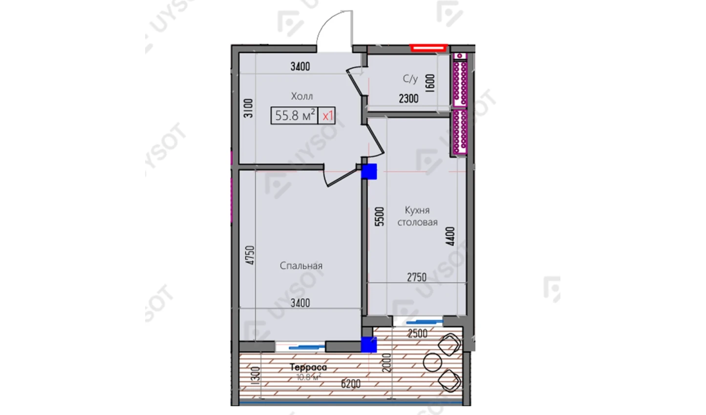 1-комнатная квартира 55.8 м²  2/2 этаж