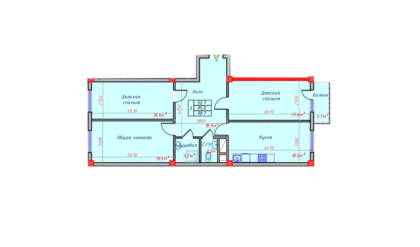 3-xonali xonadon 98.7 m²  4/4 qavat