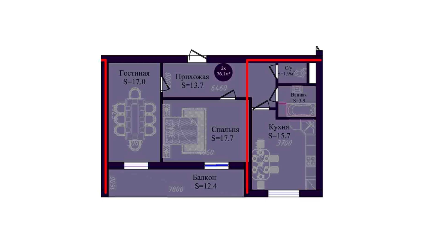 2-комнатная квартира 76.1 м²  5/5 этаж