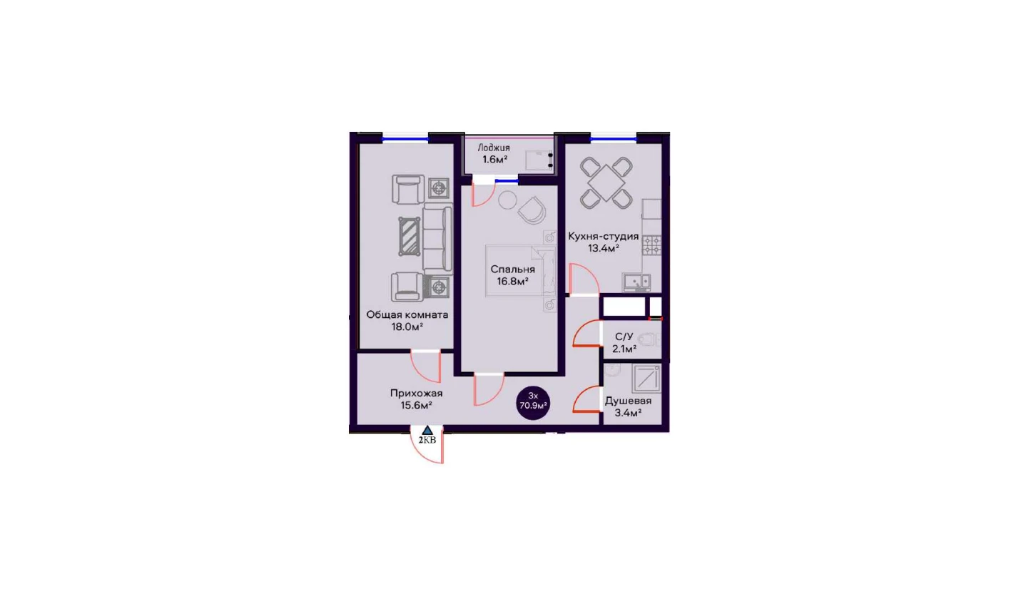 3-xonali xonadon 70.9 m²  3/3 qavat