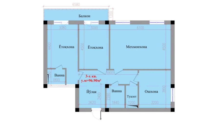 3-комнатная квартира 96.9 м²  2/2 этаж