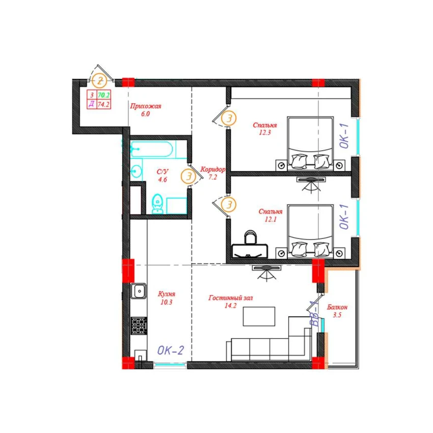 3-комн. квартира 74.2 м²  7/12 этаж | Жилой комплекс CHINARA PARK