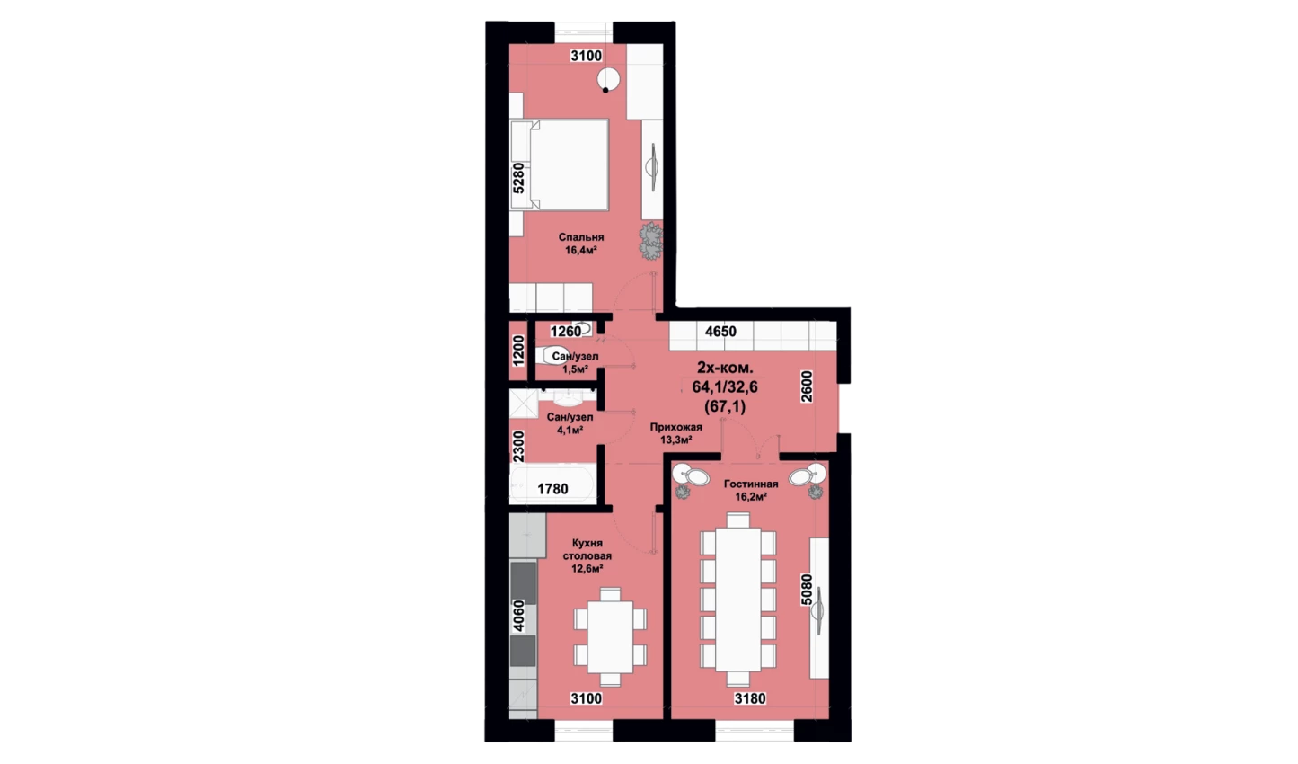 2-комнатная квартира 67.1 м²  2/2 этаж