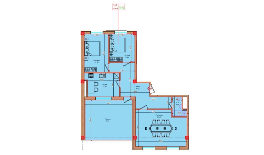 3-комнатная квартира 117.1 м²  8/8 этаж | Жилой комплекс "Markaz"