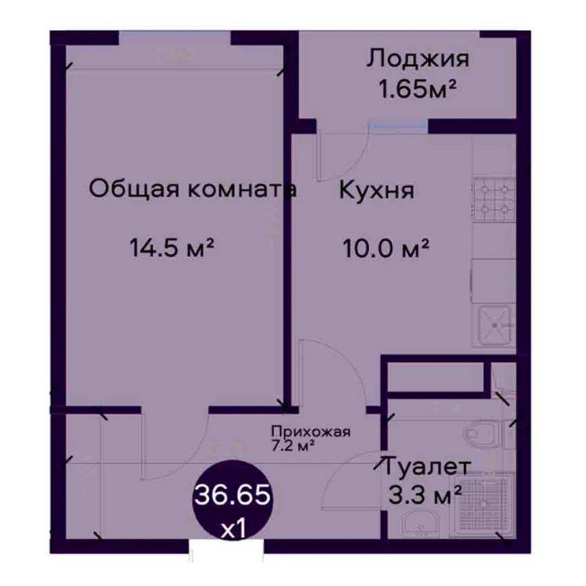 1-комнатная квартира 36.65 м²  2/2 этаж