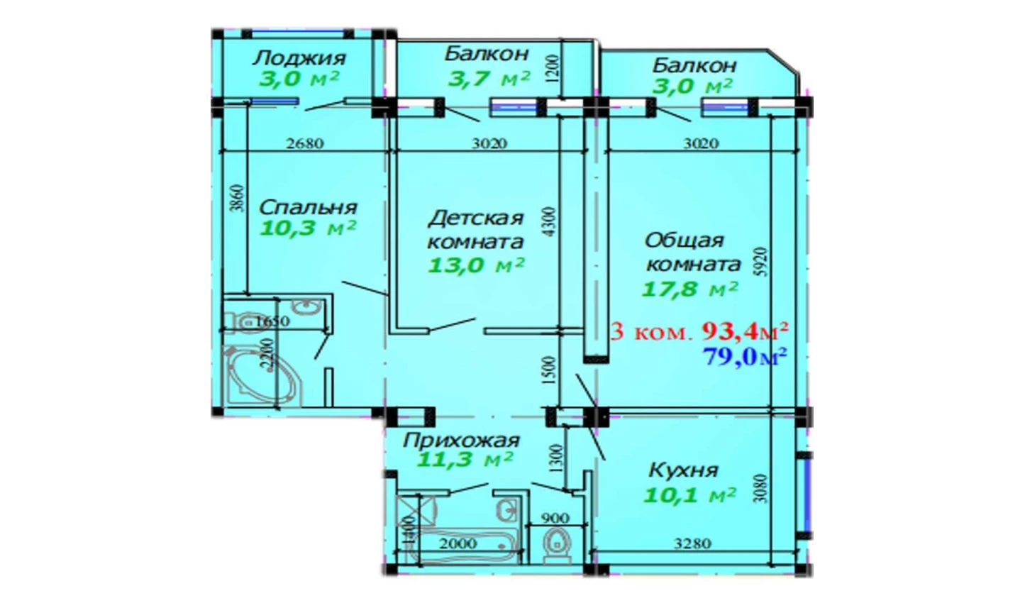 3-комнатная квартира 93.4 м²  4/4 этаж