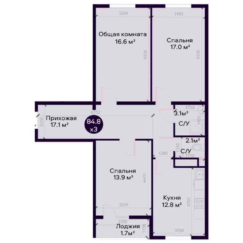 3-комнатная квартира 84.8 м²  7/7 этаж