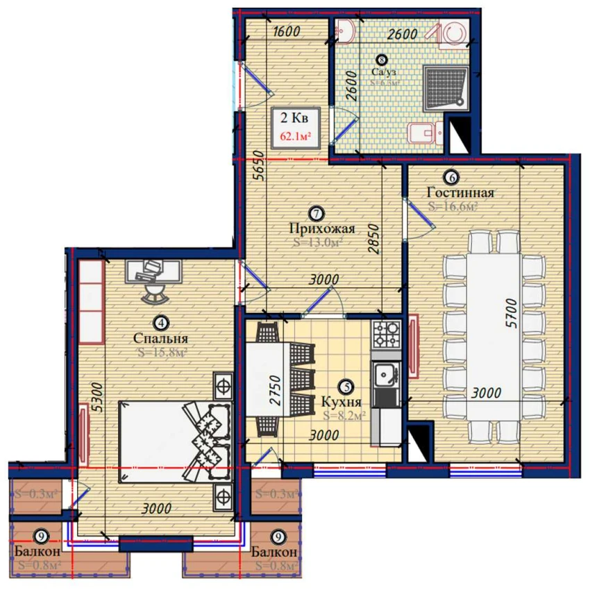 2-xonali xonadon 62.1 m²  4/4 qavat