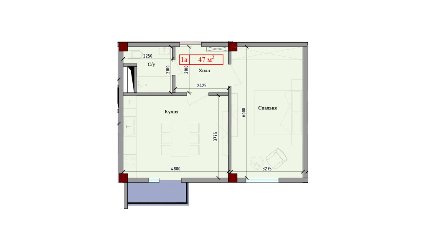 1-комнатная квартира 47 м²  7/7 этаж