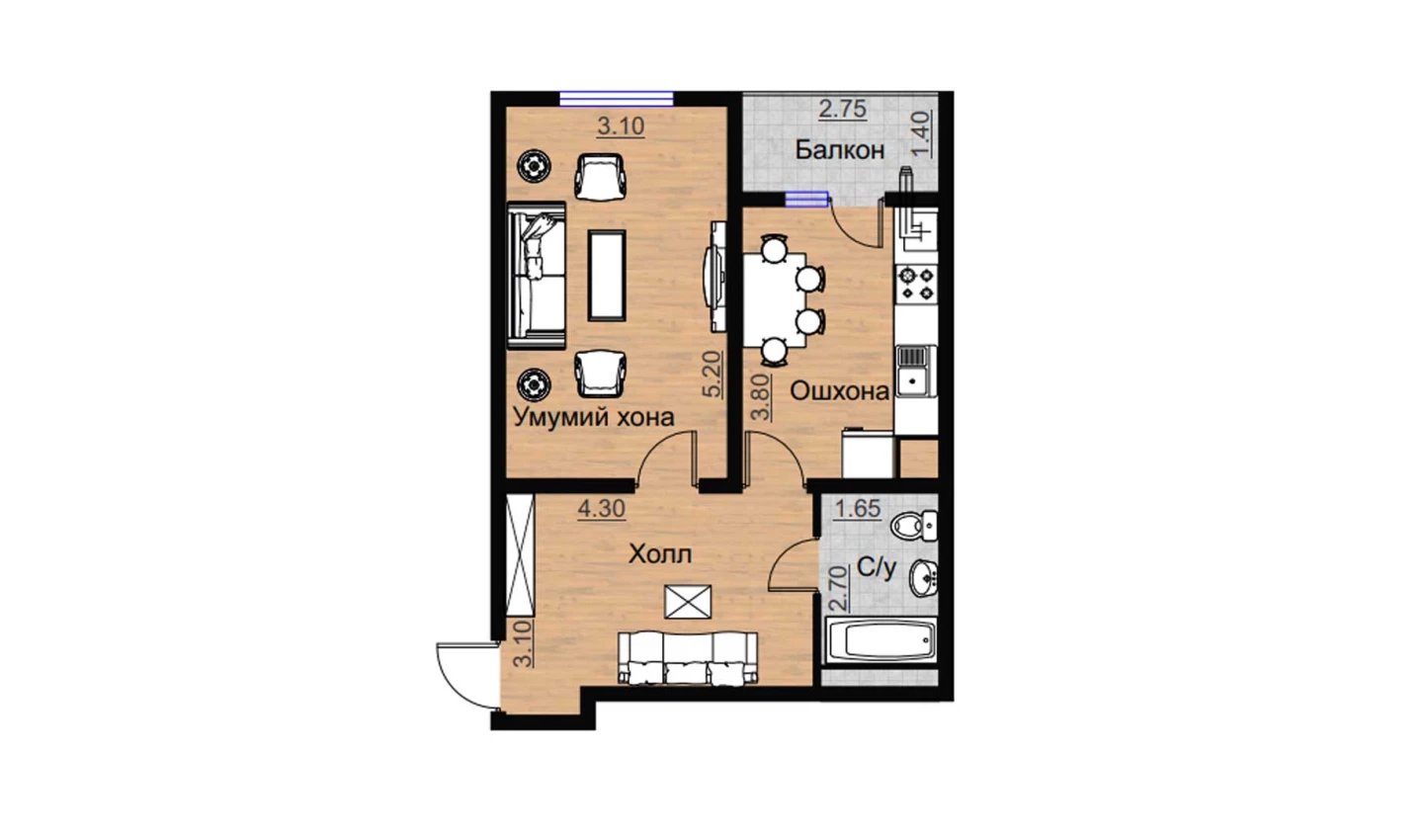 1-комнатная квартира 52.09 м²  3/3 этаж