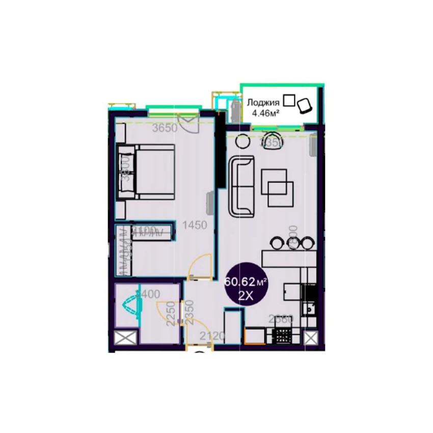 2-комнатная квартира 60.62 м²  14/14 этаж