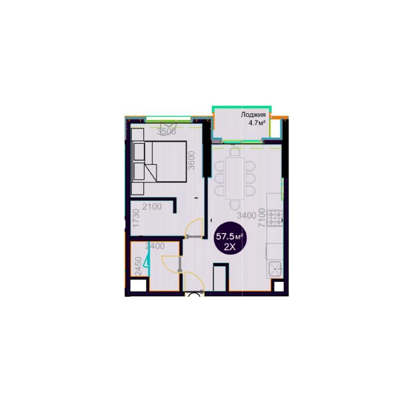 2-комнатная квартира 57.5 м²  17/17 этаж