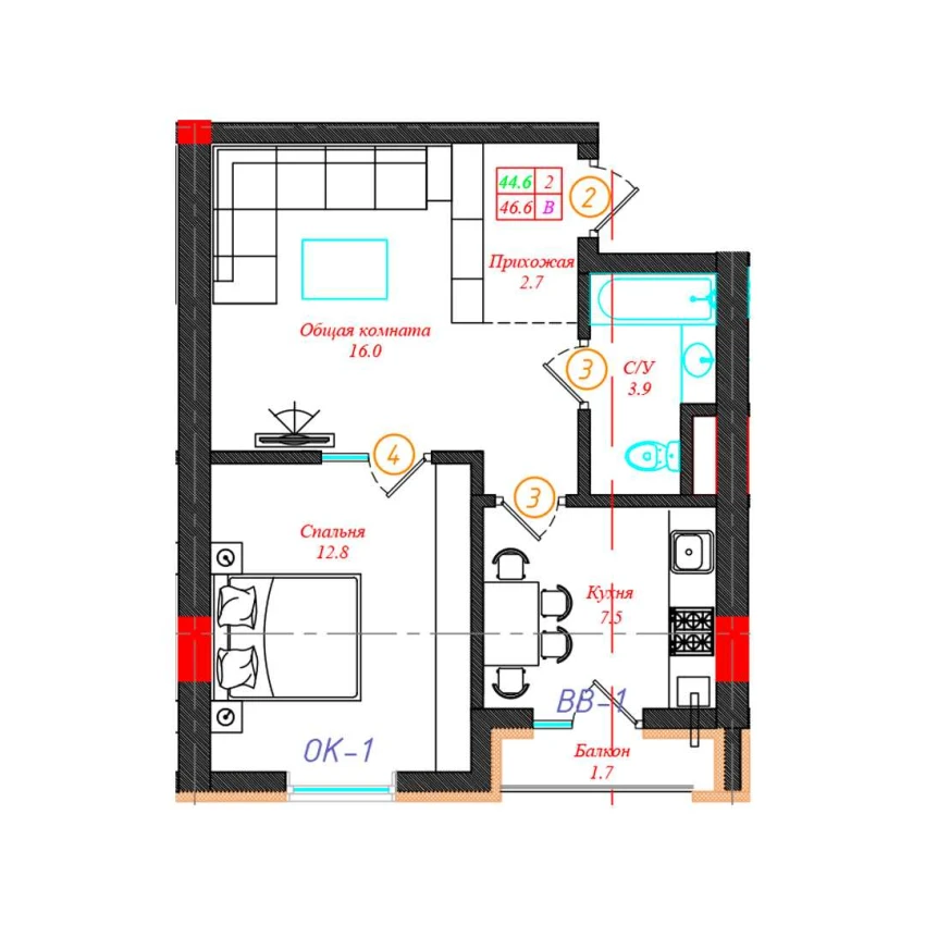 2-xonali xonadon 46.6 m²  4/12 qavat | CHINARA PARK Turar-joy majmuasi