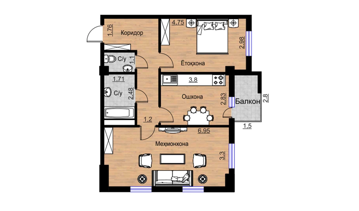 2-комнатная квартира 74.75 м²  12/12 этаж