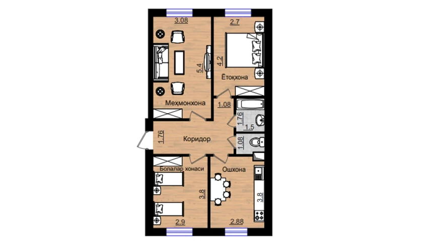 3-xonali xonadon 72.64 m²  1/5 qavat | QIZILTEPA Turar-joy majmuasi