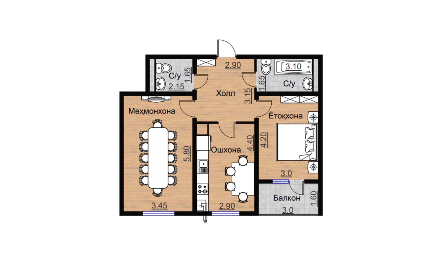 2-комнатная квартира 75.42 м²  4/4 этаж