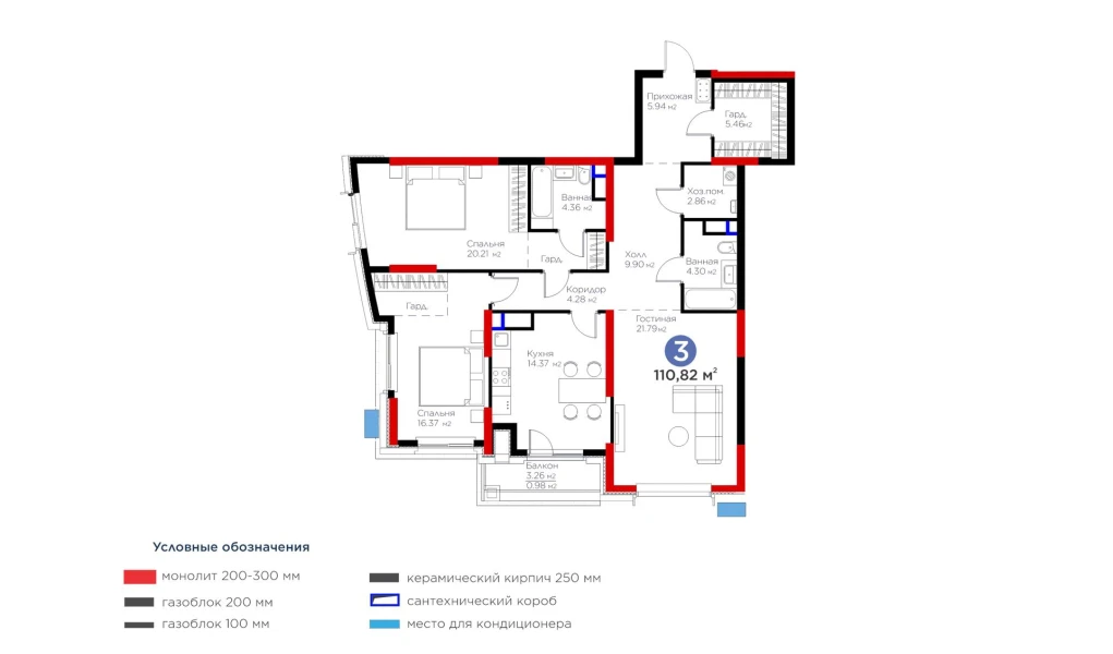 3-комнатная квартира 110.82 м²  8/8 этаж