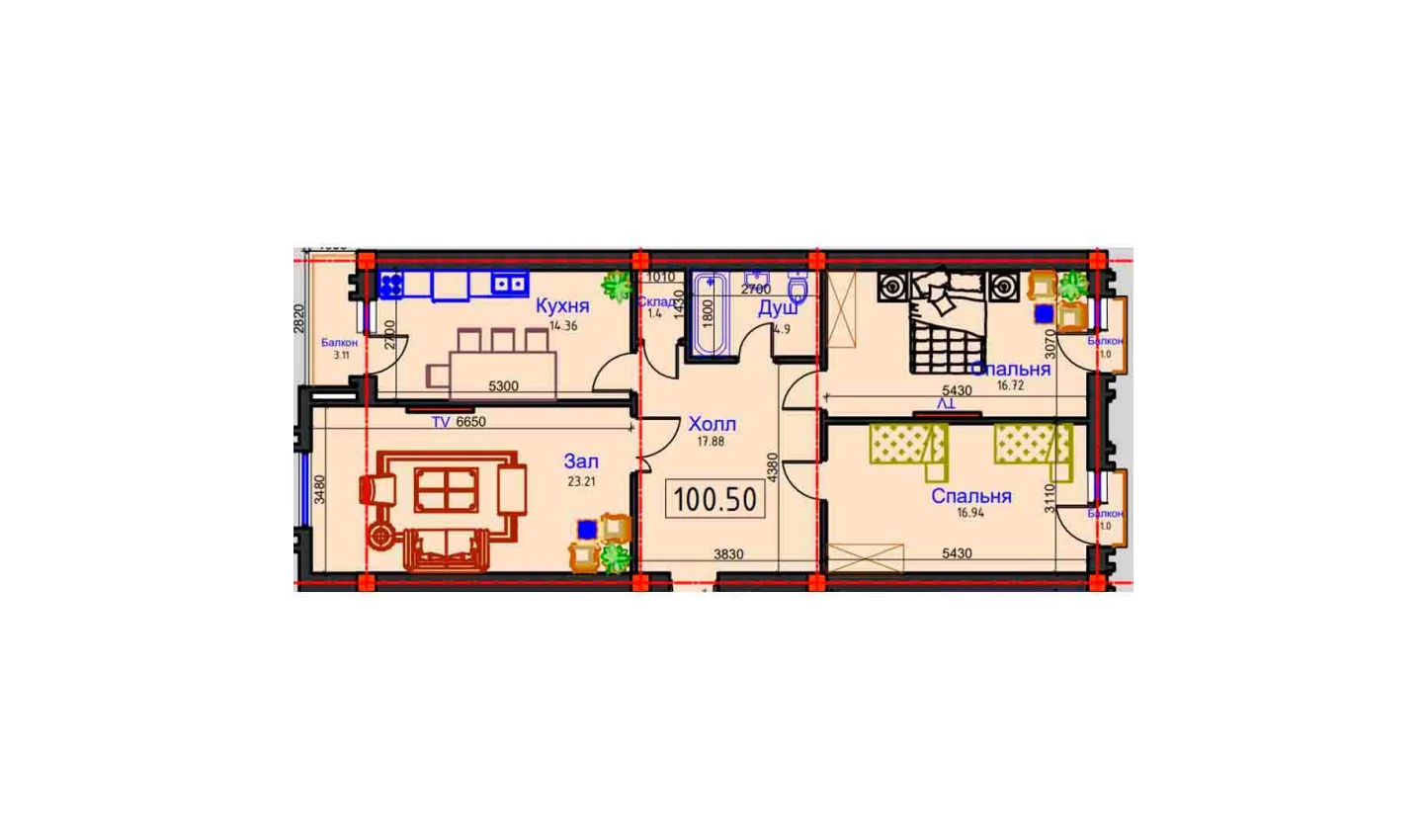 3-комнатная квартира 100.5 м²  5/5 этаж