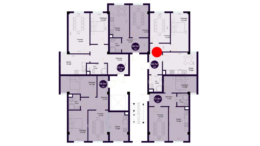 2-комнатная квартира 58.7 м²  1/1 этаж