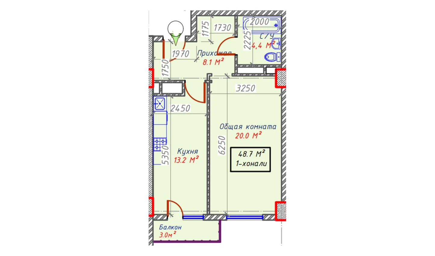 1-xonali xonadon 48.7 m²  5/5 qavat