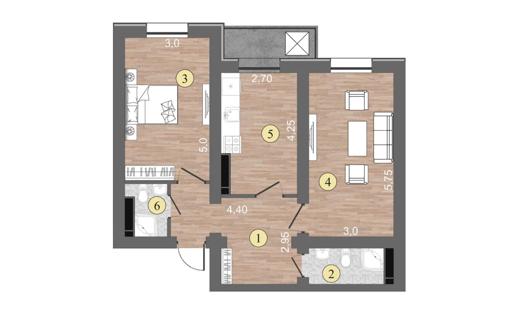 2-комнатная квартира 63 м²  14/14 этаж