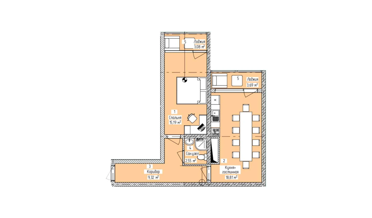 2-комнатная квартира 52.82 м²  10/10 этаж