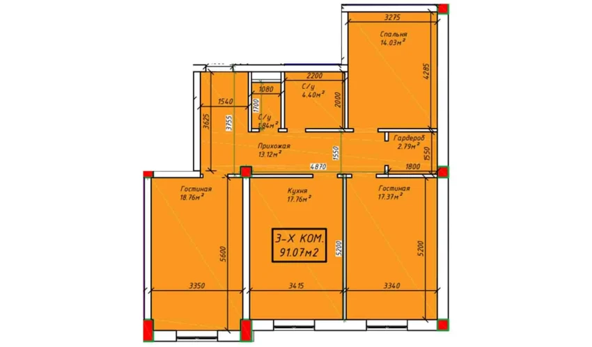 3-комнатная квартира 91.07 м²  3/4 этаж | Жилой комплекс SABZAVOT CITY