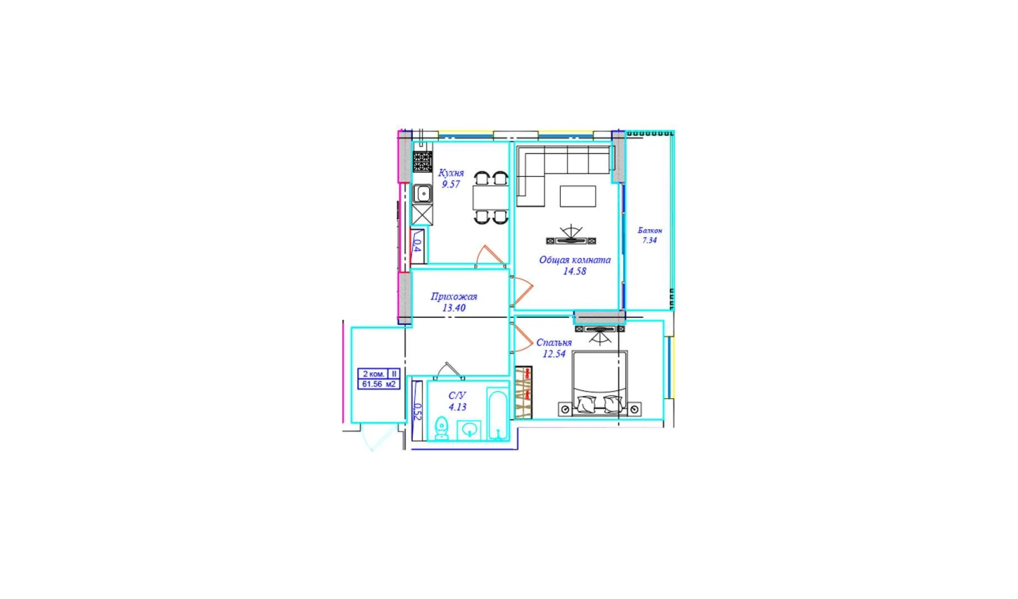 2-комнатная квартира 61.56 м²  13/13 этаж