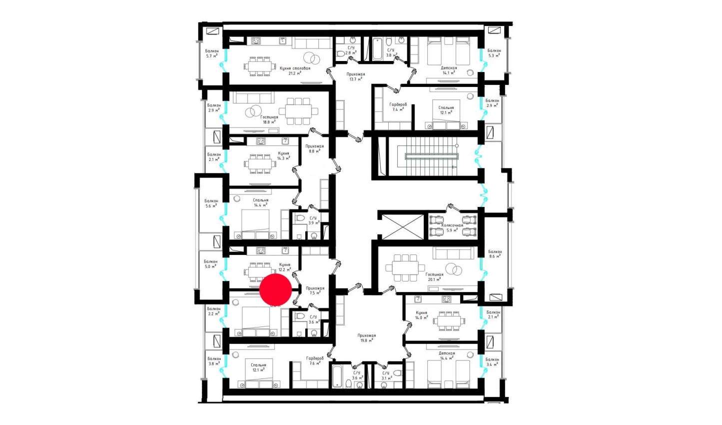 1-xonali xonadon 43.3 m²  8/8 qavat