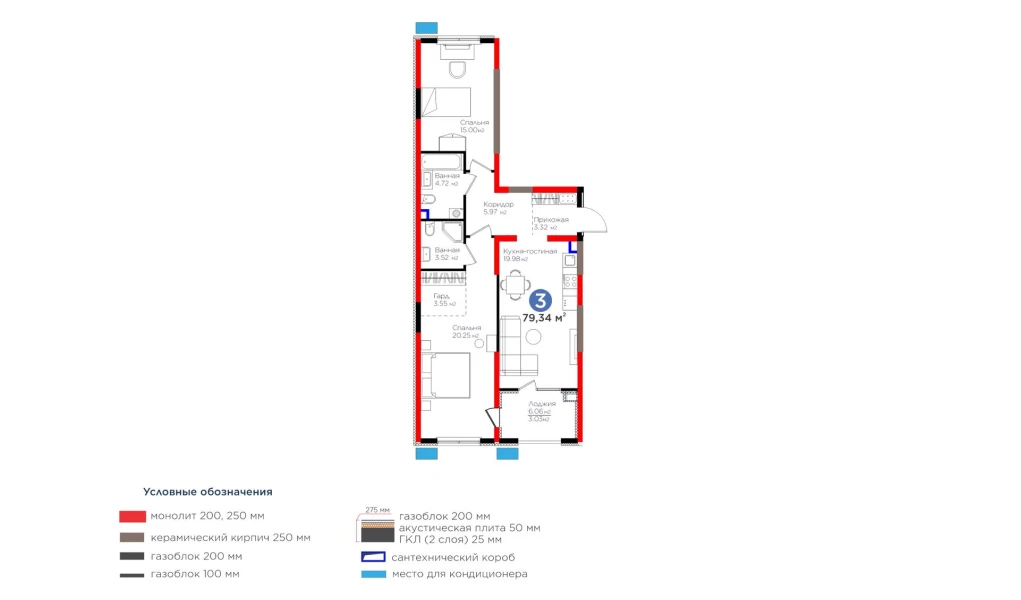 3-комнатная квартира 79.34 м²  2/2 этаж