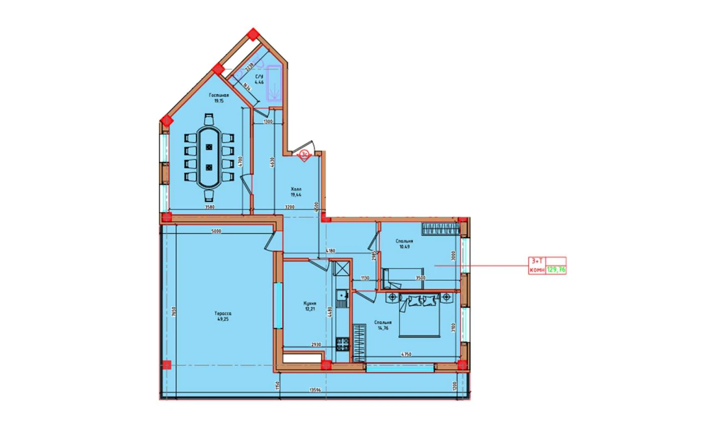 3-xonali xonadon 129.76 m²  8/8 qavat