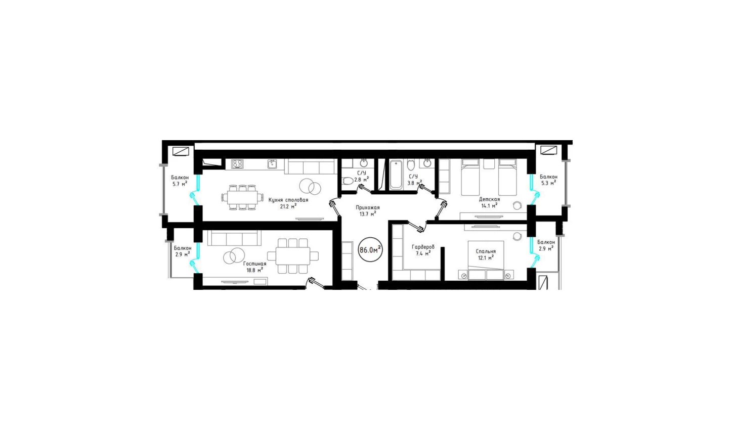 2-xonali xonadon 86 m²  10/10 qavat