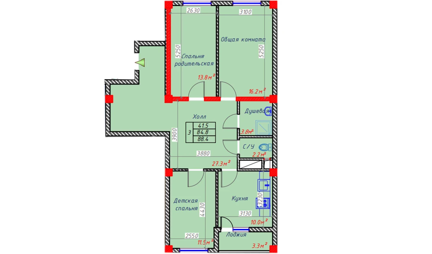 3-комнатная квартира 88.4 м²  6/6 этаж