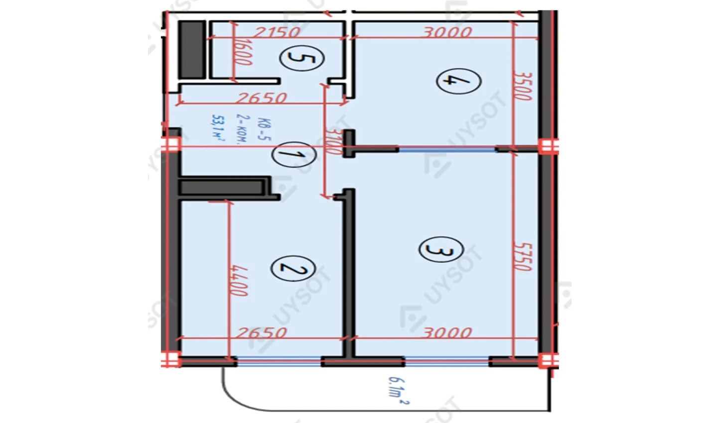 1-комнатная квартира 53.1 м²  5/5 этаж