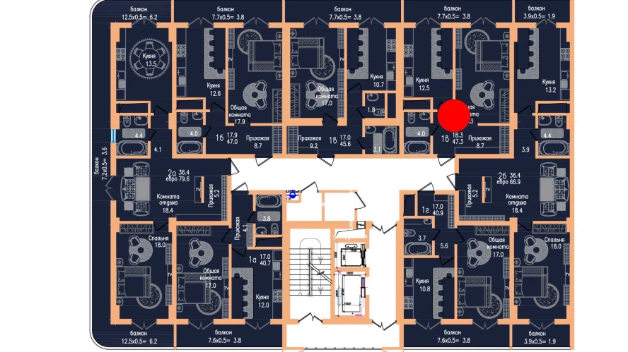 1-xonali xonadon 47.3 m²  14/14 qavat