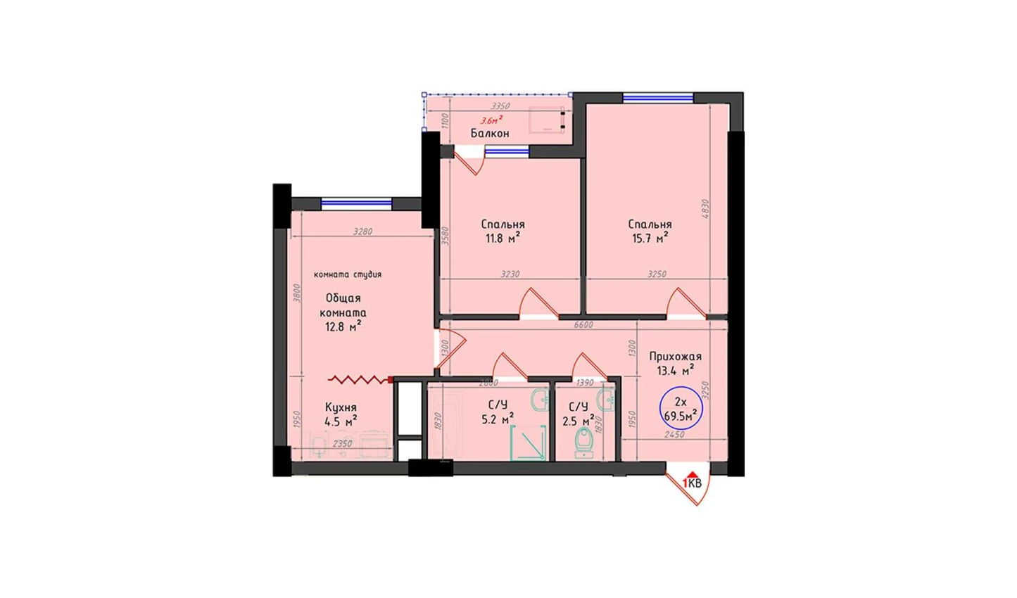 2-комнатная квартира 69.5 м²  3/3 этаж