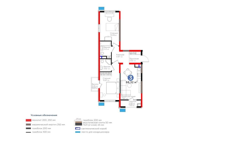 3-xonali xonadon 68.32 m²  6/6 qavat