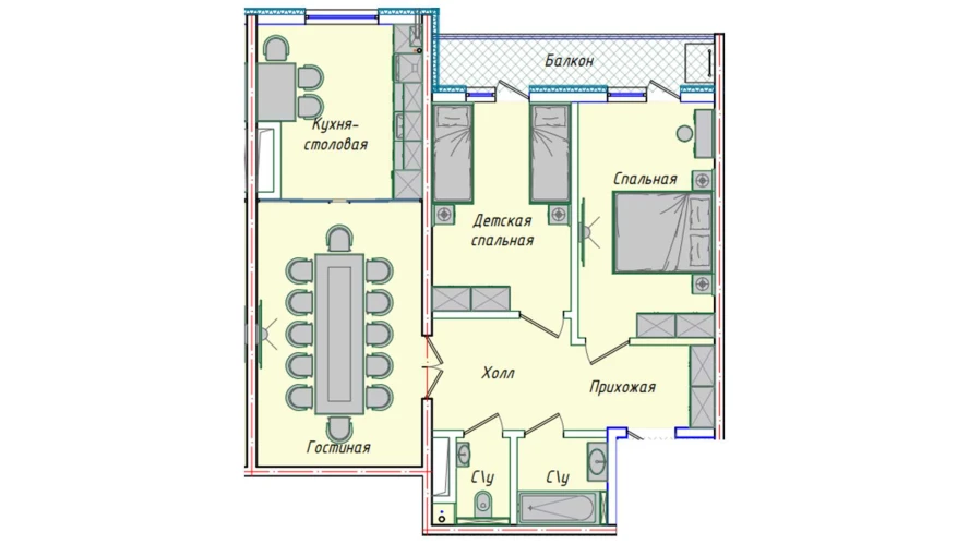 3-комнатная квартира 74.14 м²  12/12 этаж