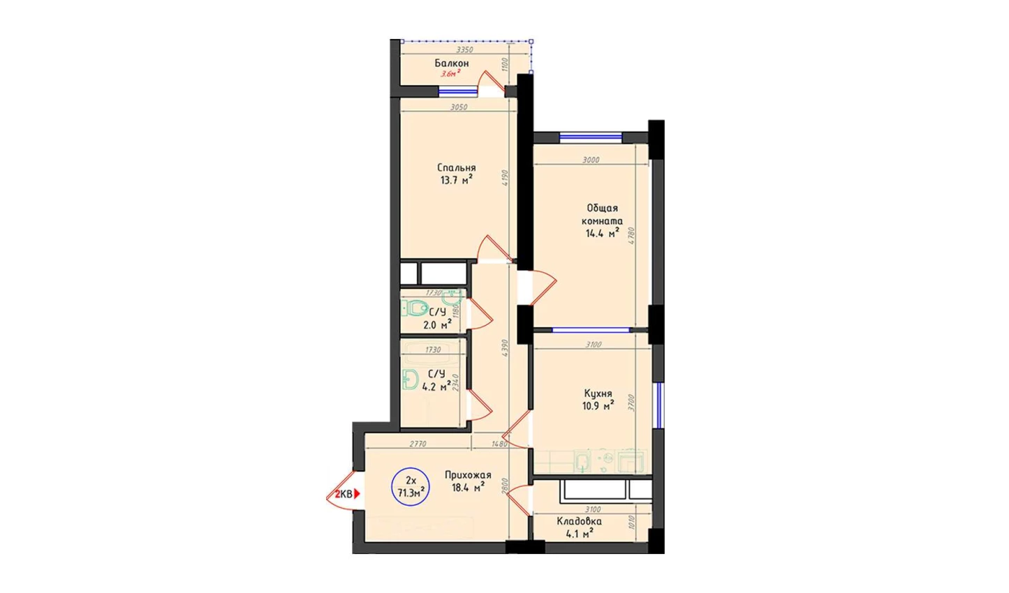 2-комнатная квартира 71.3 м²  2/2 этаж