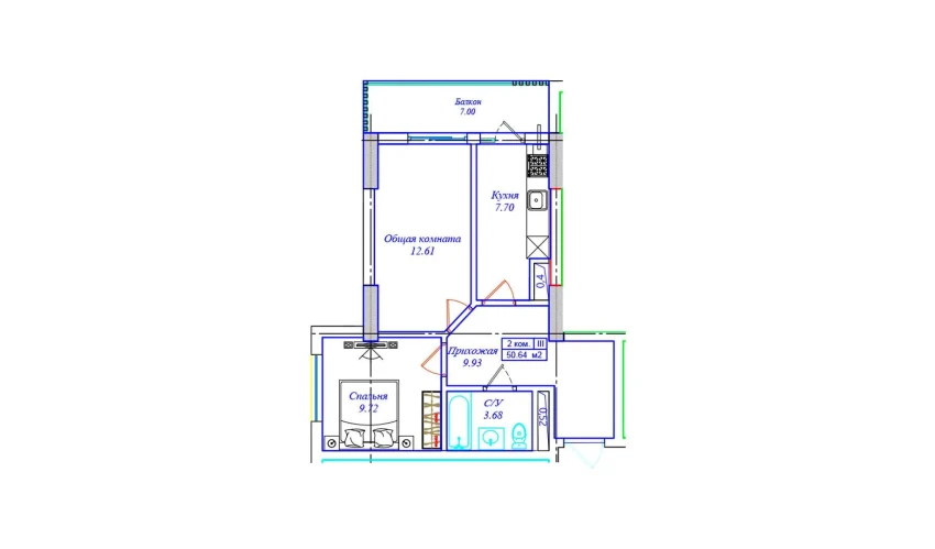 2-xonali xonadon 50.64 m²  16/17 qavat | ASTRA Turar-joy majmuasi