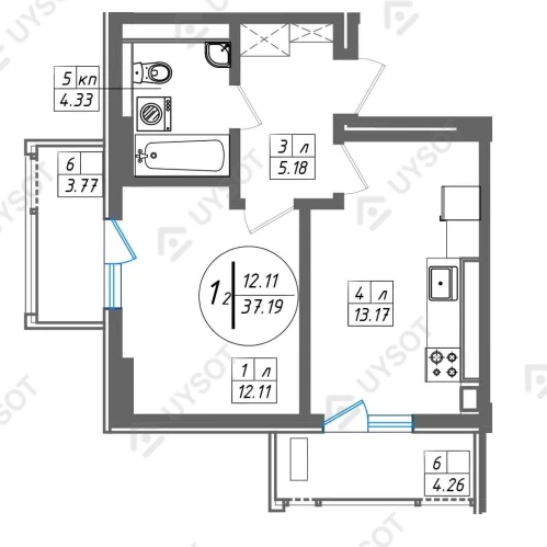 2-комнатная квартира 61.09 м²  6/6 этаж